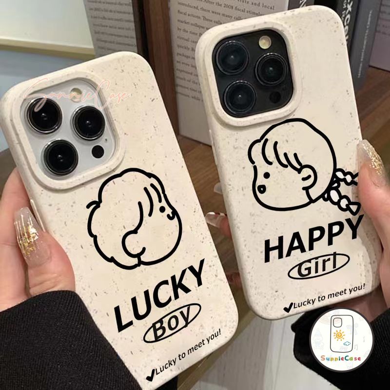 การ์ตูนน่ารักเด็กชายโชคดีเด็กหญิงย่อยสลายได้กรณีคู่อ่อน iPhone 11 15 12 14 13 Pro Max X XR XS MAX 8 6 6s 7 Plus SE 2020
