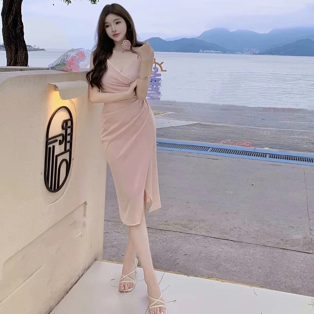 pink dress ออกงาน เดรสเกาะอกยาว สายเดี่ยว รัดรูปผู้หญิง ไปทะเล น่ารัก แขนกุด เจ้าหญิง แฟชั่น