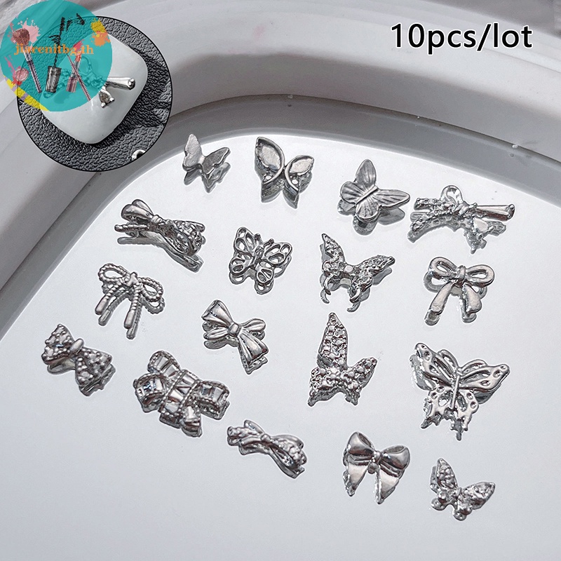 RENBG 10 ชิ้นสีเงินตกแต่งเล็บคริสตัลเพทายโบว์ตกแต่งเล็บ 3D โลหะเล็บอุปกรณ์เสริม TH