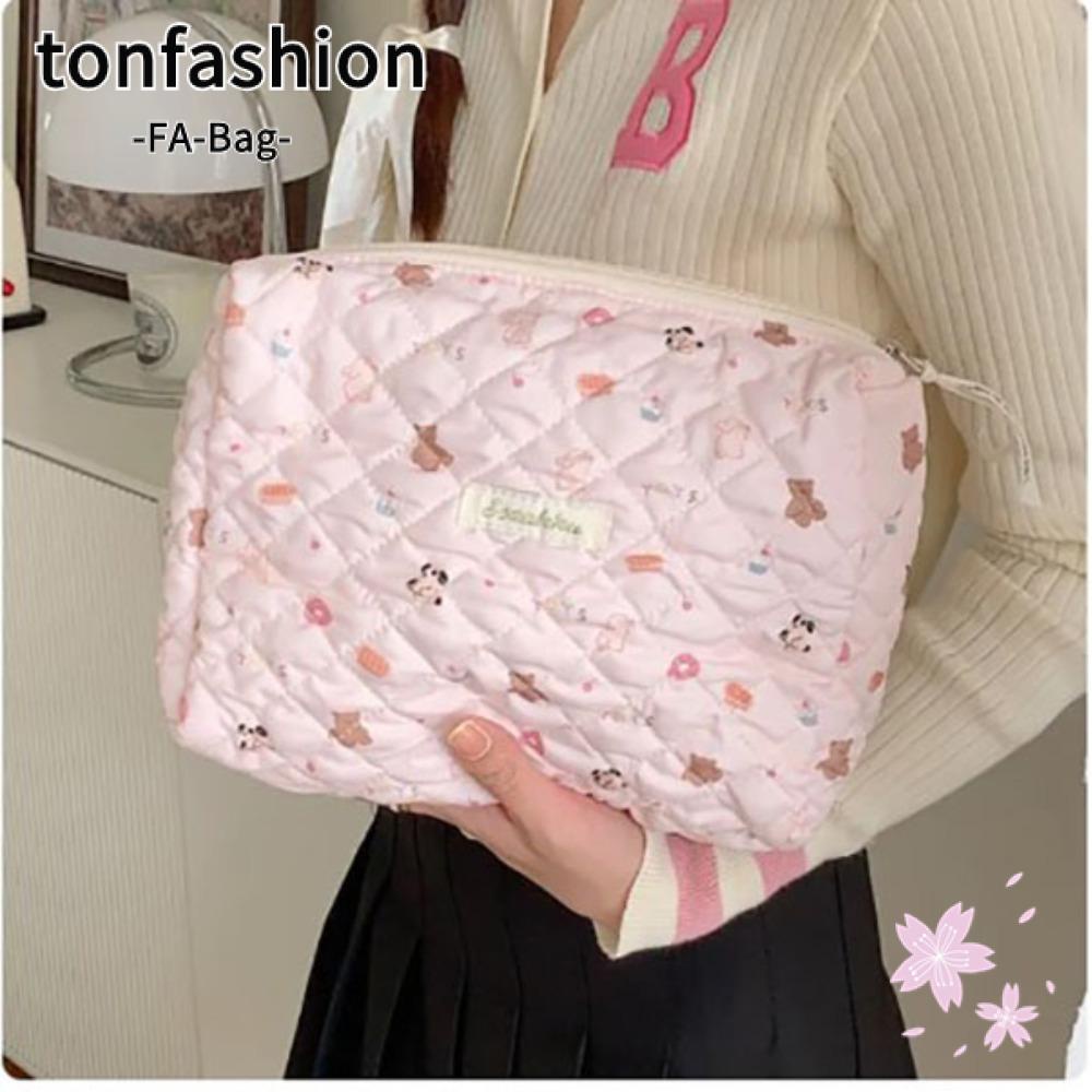 Tonfashion กระเป๋าเครื่องสําอางผู้หญิงน่ารัก สีชมพู, ซิปปิดสองชั้น ผ้าแต่งหน้า, Quilting นุ่มและระบายอากาศกระเป๋าถือแม่กระเป๋า