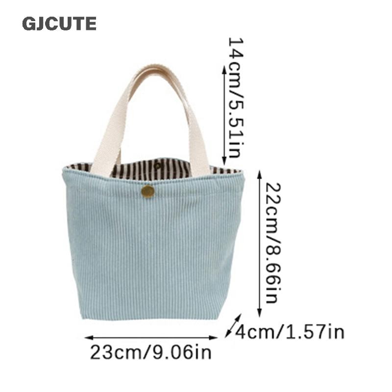 Gjcute กระเป๋าผู้หญิง Corduroy HandBags ถุงอาหารกลางวันแบบใช้ซ้ําได้ Casual Shopping Storage กระเป๋าสไตล์ญี่ปุ่น Vintage สีทึบกระเป๋า WTD
