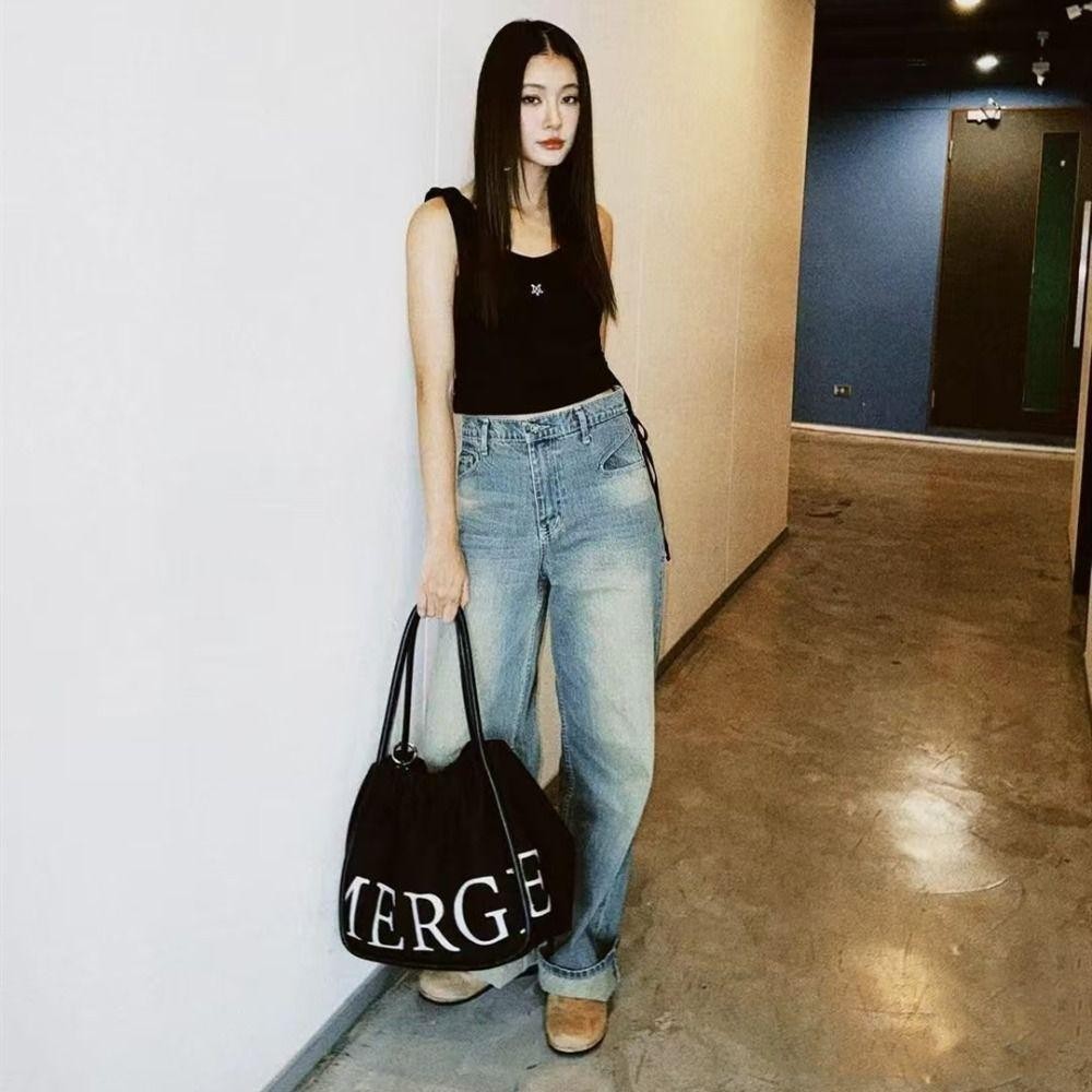 Back2life Letter Canvas Bag, Letter Tote Handbag Drawstring Shoulder Bag, Casual Fashion Thai Portable Cloth Bag Travel