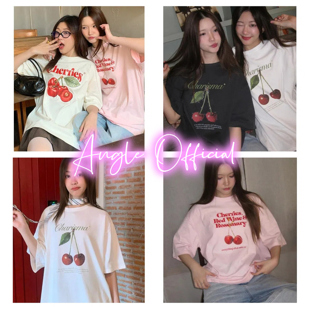 (จัดส่งตลอด 24 ชั่วโมง）Angel Official เสื้อยืด oversize - แฟชั่นหวานเชอร์รี่ตัวอักษรพิมพ์เสื้อยืดผู้หญิงแขนสั้น #2