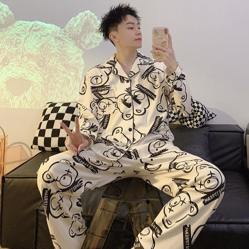 ชุดนอนผู้ชายฤดูใบไม้ผลิฤดูใบไม้ร่วงนักเรียนคาร์ดิแกนกางเกงขายาวแขนยาวเยาวชนฤดูหนาวขนาดใหญ่สามารถสวมใส่นอก ชุดบ้าน ชุด