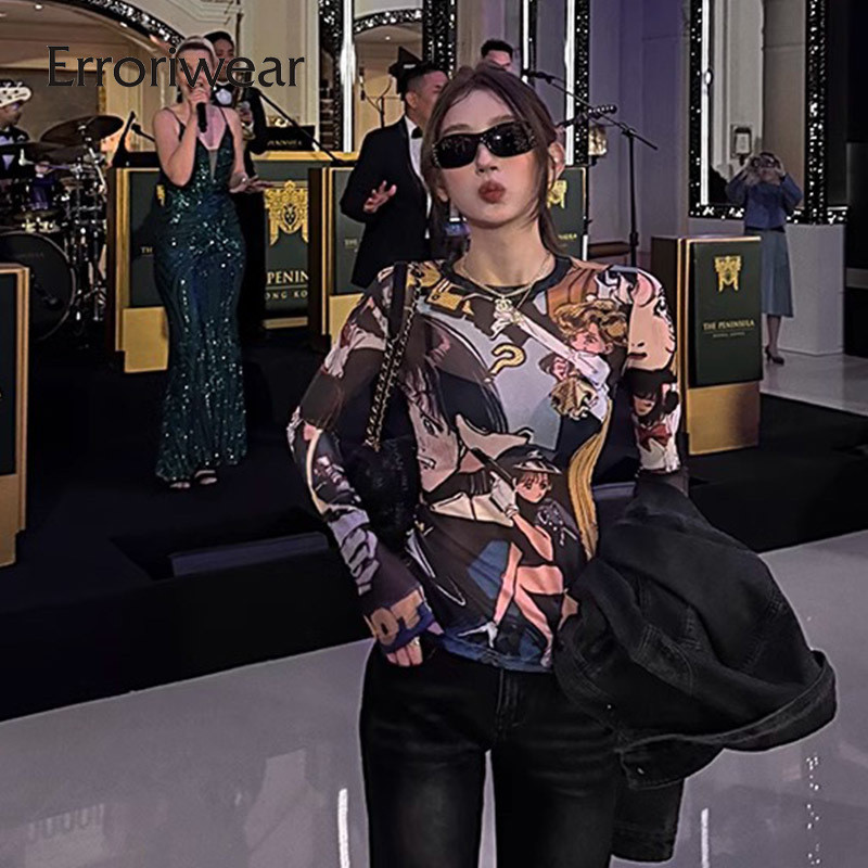 เสื้อยืดผู้หญิง 2025 หลากสีโปร่งแสงตาข่ายคอกลมแขนยาวสลิมฟิตท็อปส์ - รูปที่ 3