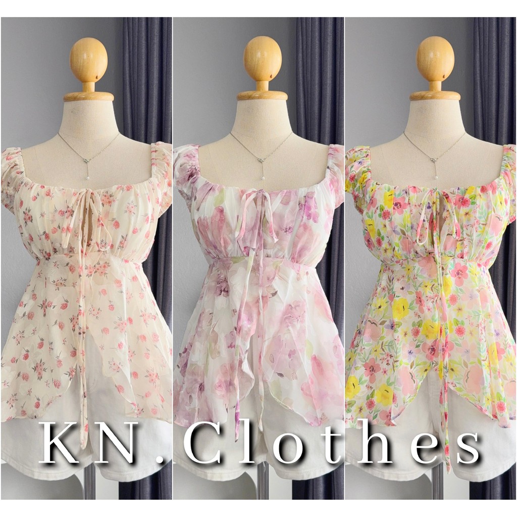 KN.Clothes เสื้อแขนดอลลี่ ตัวยาวผ่าหน้า แต่งโบว์ เว้าหน้าอก มีฟองน้ำ iDeal