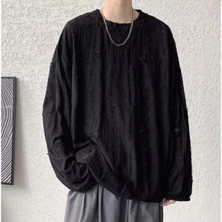 Distressed Textured Long Tee เสื้อยาวแขนยาวผู้ชายผ้าลายรอยฉีกทรงโอเวอร์ไซซ์ ผ้านุ่มระบายอากาศ มี3สี ดำ/เทา/น้ำเงิน Size M-3XL