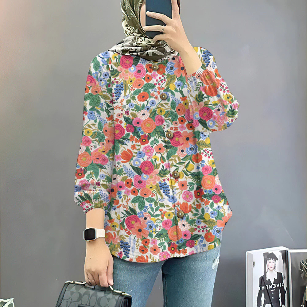 Baju Raya 2025 Vintage ดอกไม้ Muslimah เสื้อ Baju Muslimah เสื้อสไตล์หลวม Muslimah เสื้อแขนยาวสําหรับผู้หญิง