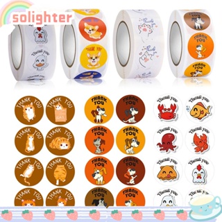 Solighter สติกเกอร์ฉลาก ลายการ์ตูนสัตว์ แมว ทรงกลม สําหรับติดบรรจุภัณฑ์ 500 ชิ้น