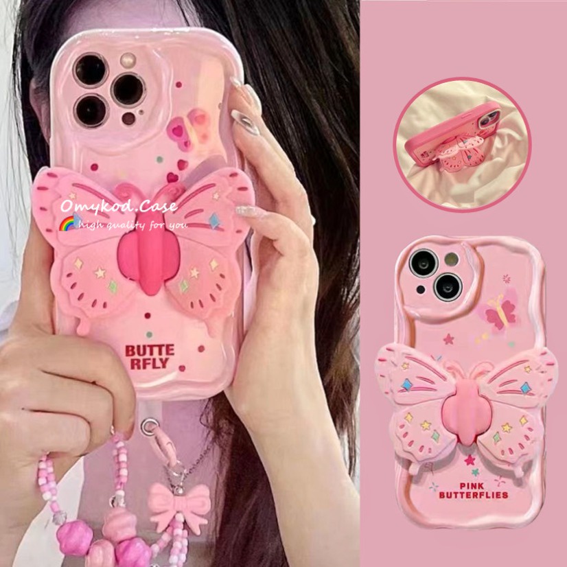 Pink Butterfly Folding Holder+Chain Phone Case Anti Drop Phone Protective Cover