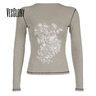 Vesglory เสื้อครอปท็อปแขนยาว คอกลม พิมพ์ลาย สีพื้น สไตล์เรโทร แฟชั่นสําหรับสตรี 2023