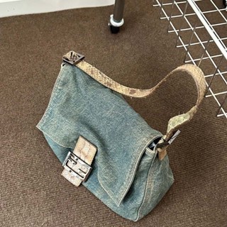 2023 new denim ins leisure style vintage baguette underarm bag fashionable large-capacity shoulder bag for women