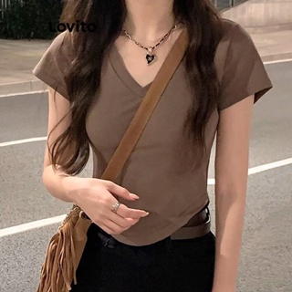 Lovito เสื้อยืดลําลอง เรียบง่าย สําหรับผู้หญิง LNA17088 (สีน้ําตาล)