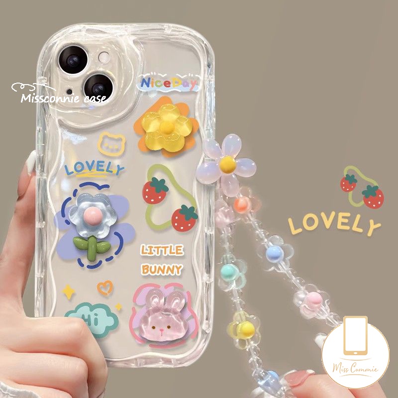เคสโทรศัพท์มือถือ แบบนิ่ม ลายการ์ตูนกระต่าย 3D ขอบโค้ง มีสายคล้อง สําหรับ IPhone 11 15 13 12 14 Pro MAX 7 6S 8 6 15 Plus X XR 7Plus XS MAX SE 2020