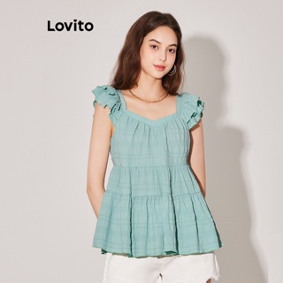 Lovito เสื้อเบลาส์ ชายแต่งระบายสองชั้น สีพื้น สไตล์ลำลอง สำหรับผู้หญิง L59ED050 (สีเขียว)