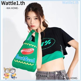 Wttle กระเป๋าถือ กระเป๋าสะพายไหล่ ผ้าถัก แฮนด์เมด สีเขียว ใช้ซ้ําได้ สําหรับนักเรียน