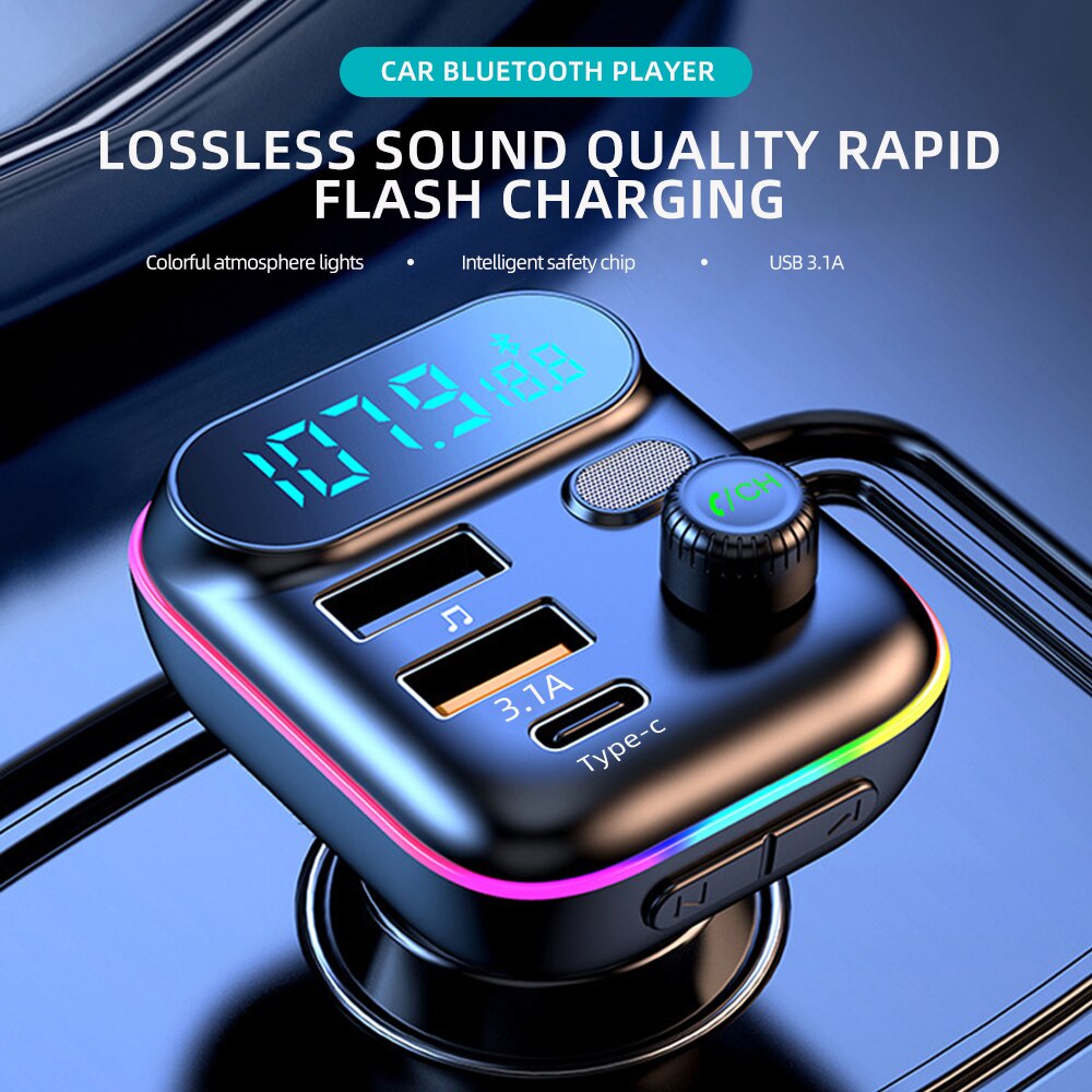 รถบลูทูธ 5.0 เครื่องส่งสัญญาณ FM QC3.0 PD Type C Dual USB Car Charger Ambient Light แฮนด์ฟรี Mp3 เครื่องเล่นสนับสนุน TF Card