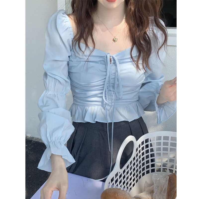 เสื้อเชิ้ตแขนพัฟ คอสี่เหลี่ยม สีฟ้า แฟชั่นฤดูใบไม้ผลิ สไตล์ฝรั่งเศสเรโทร สําหรับผู้หญิง