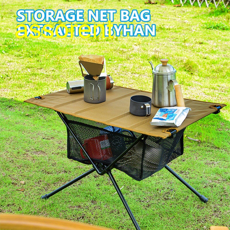 (ONLY net bag )โต๊ะแคมป์ปิ้ง พร้อมขาพับได้ และตะกร้าตาข่าย สําหรับเก็บอาหาร กาแฟ หรือแคมป์ปิ้ง