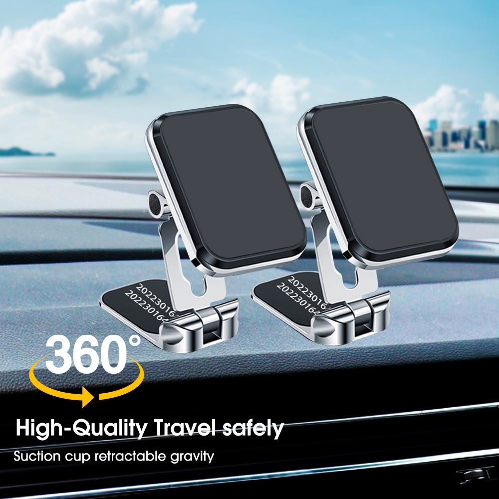 ที่วางโทรศัพท์ในรถยนต์ แบบพับได้คู่ หมุนได้ 360 องศา การดูดซับแม่เหล็ก GPS ขาตั้งแผงหน้าปัดอัตโนมัติ