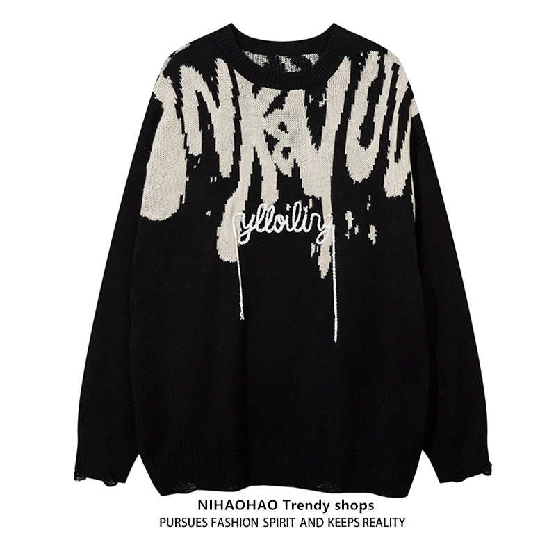 American High Street เสื้อถักหลวม High Street เสื้อกันหนาวผู้ชาย oversize Street Wear ins เสื้อกันหน