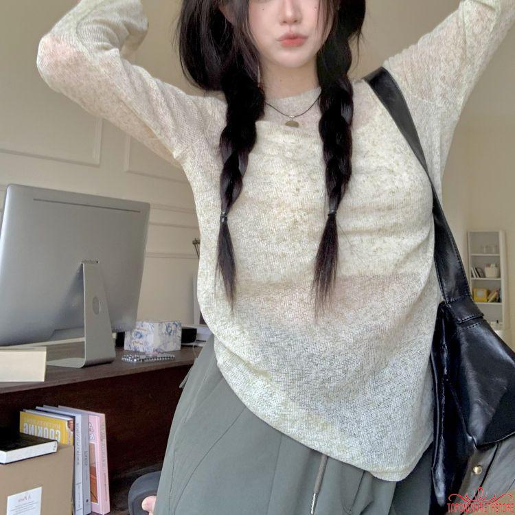 ท็อปวัน-ผู้หญิงแขนยาวท็อปส์สีทึบเสื้อสวมหัวหลวมเสื้อป้องกันแสงแดด