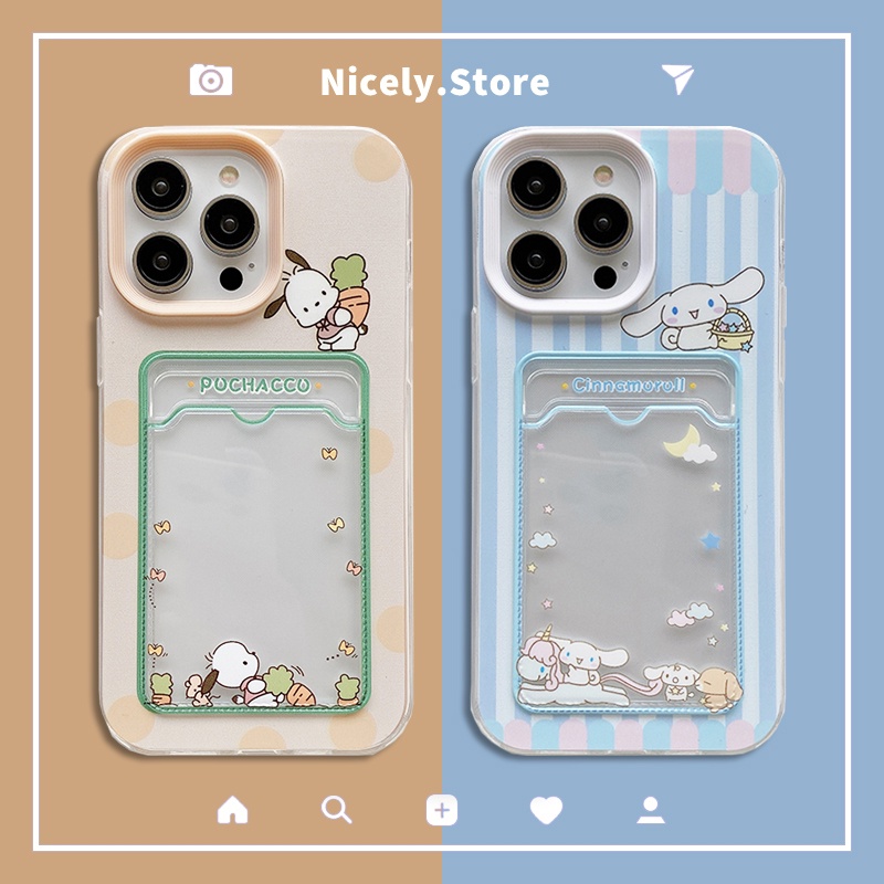 เคสโทรศัพท์มือถือ TPU ลาย Cinnamoroll Pochacco น่ารัก พร้อมช่องใส่บัตร และคลิป 3 in 1 สําหรับ iPhone 15 14 Plus 13 12 11 Pro Max Xs Xr X 8 7 6