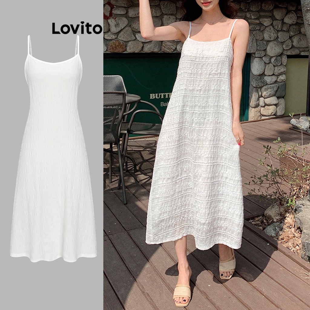 Lovito ชุดเดรสผู้หญิง เบสิก สีพื้น สไตล์ลำลอง L68ED167 (สีขาว)