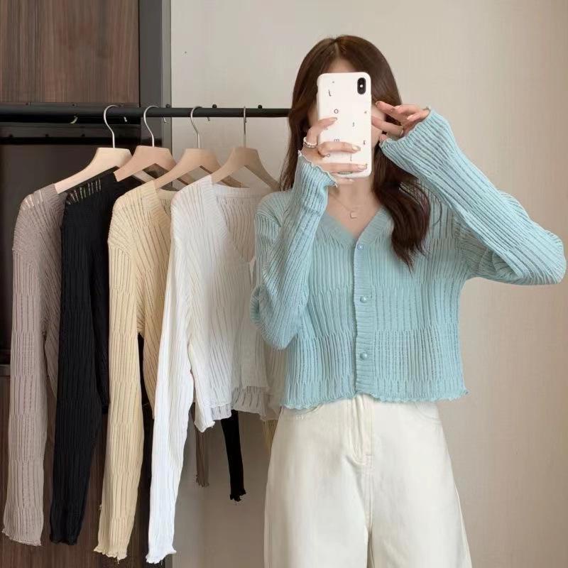 (ฟรีของขวัญ) เสื้อคาร์ดิแกน คอวี แขนยาว ผ้าถัก สีพื้น เข้ารูป แฟชั่นฤดูใบไม้ร่วง สําหรับผู้หญิง
