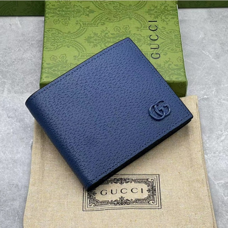 Gucci [พร้อมกล่องของขวัญ สีเขียว] GG Marvin series กระเป๋าสตางค์ หนังแท้ ใบสั้น สําหรับผู้ชาย