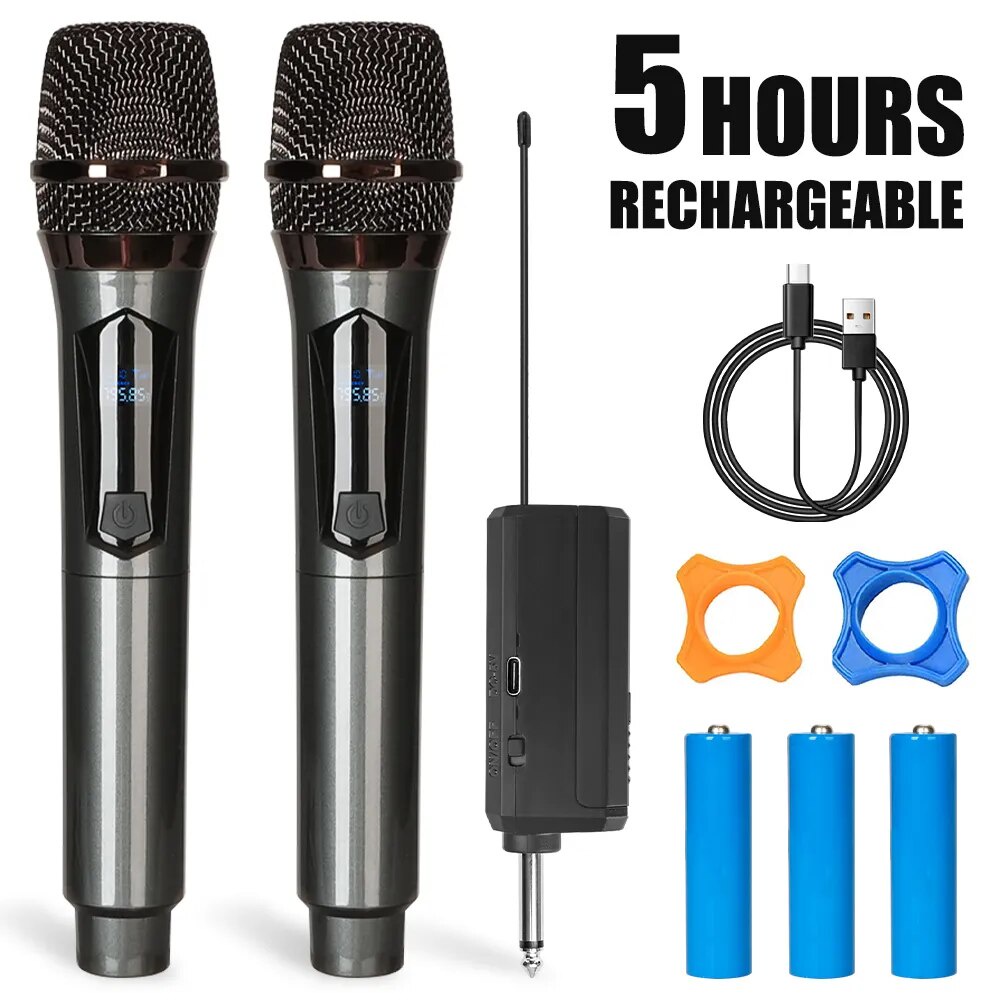 Wireless microphone 2 channel 1200mAh battery UHF microphone Handheld Dynamic Karaoke Mic for party 