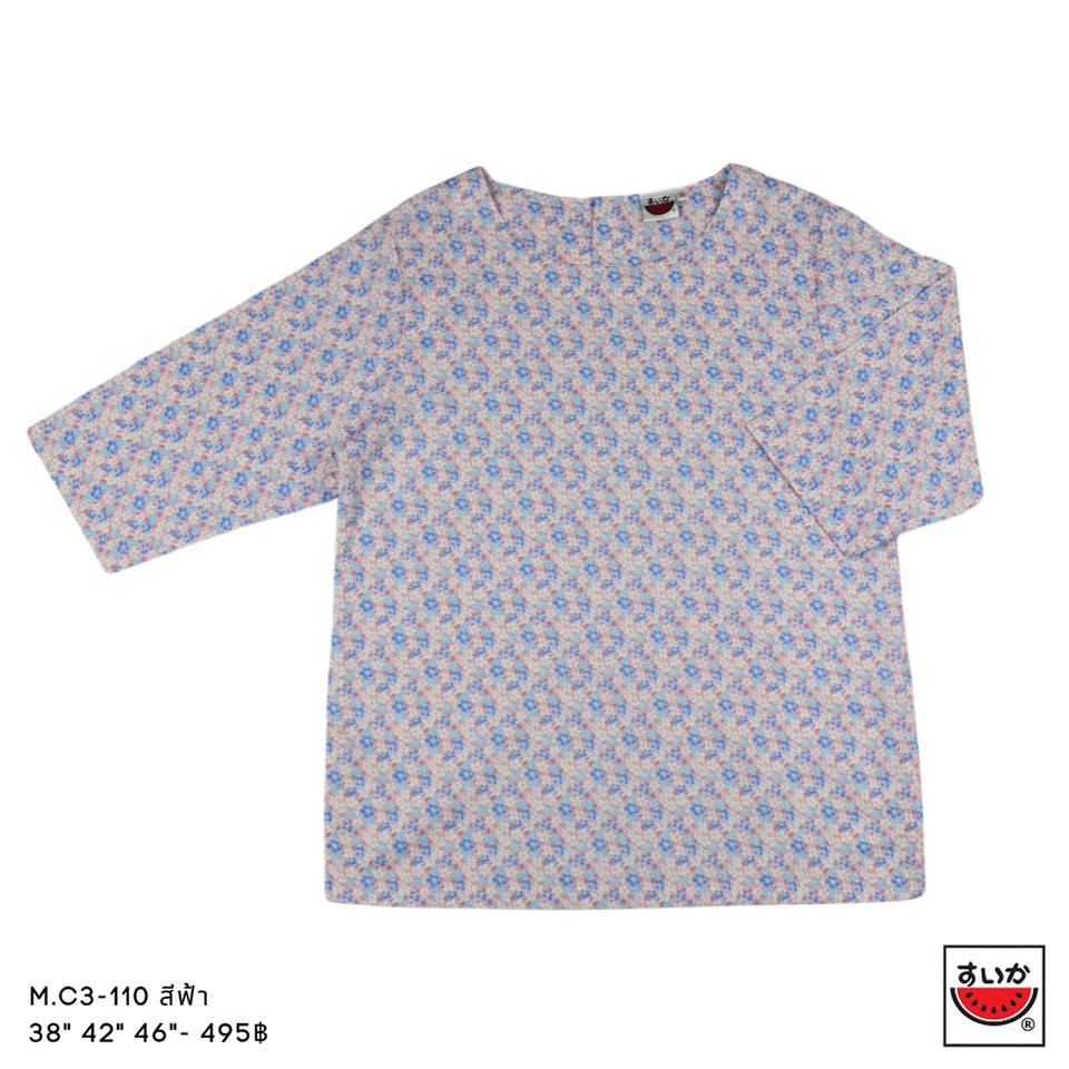 เสื้อแตงโม (SUIKA) - เสื้อผ้าป่านมัสลิน คอปาดกระดุมหลัง 3 เม็ด แขนสามส่วน ลายดอกไม้ (M.C3-110)