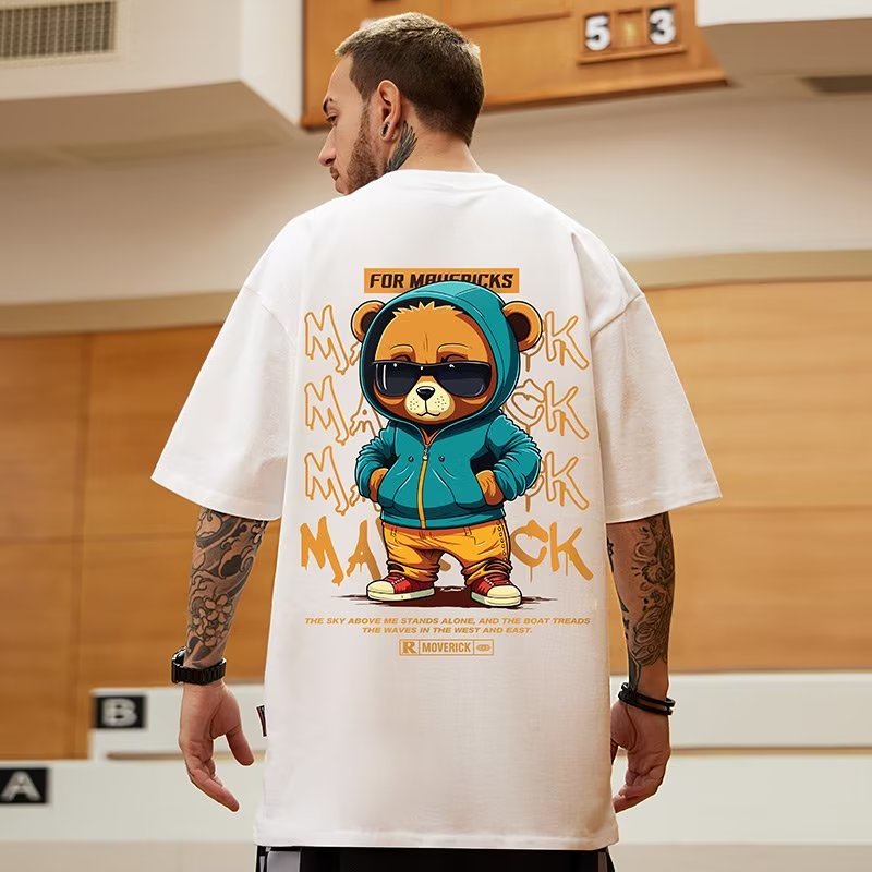 M-8XL Cool Bear การ์ตูนพิมพ์ T เสื้อผู้ชายสไตล์เกาหลี Casual Streetwear หลวม Fit แขนสั้น Tee