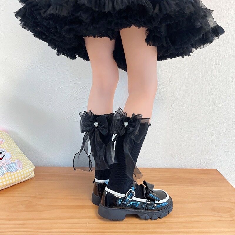 MAX BABY พร้อมส่ง ถุงเท้าเด็ก ถุงเท้ายาวโบว์ ติดมุกหัวใจ (1-13ปี) (1000)