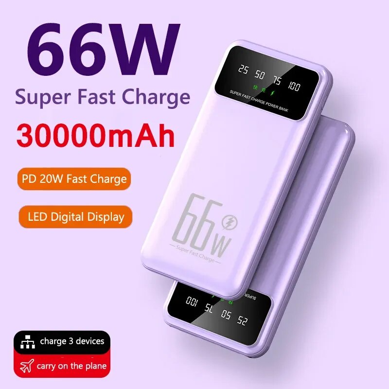 Mobile Power 30000mah 66W Power Bank Portable External Battery Charger Fast Charging For Huawei Samsung Iphone Xiaomi