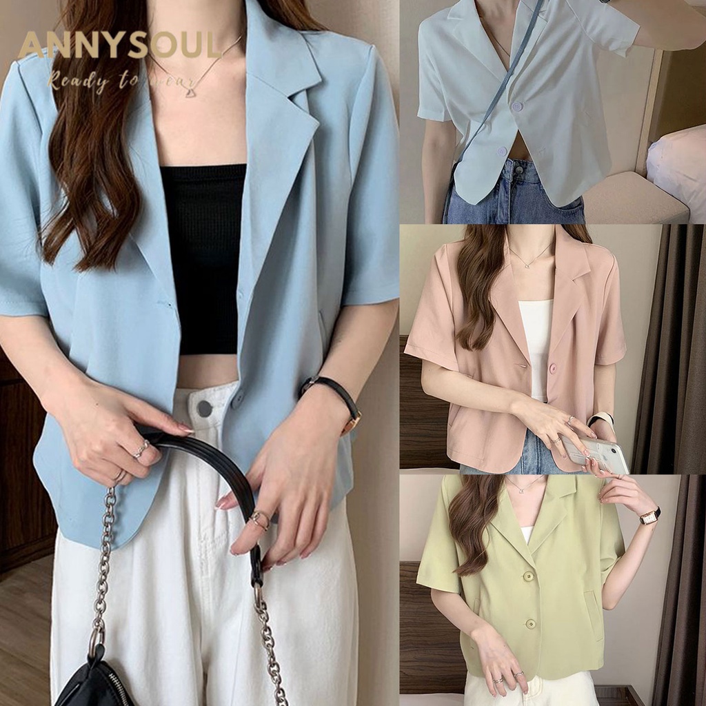 พร้อมส่ง เสื้อเชิ้ตสั้นคอปกแขนสั้น กระดุมหน้า สีพื้น สไตล์ลำลอง สำหรับผู้หญิง