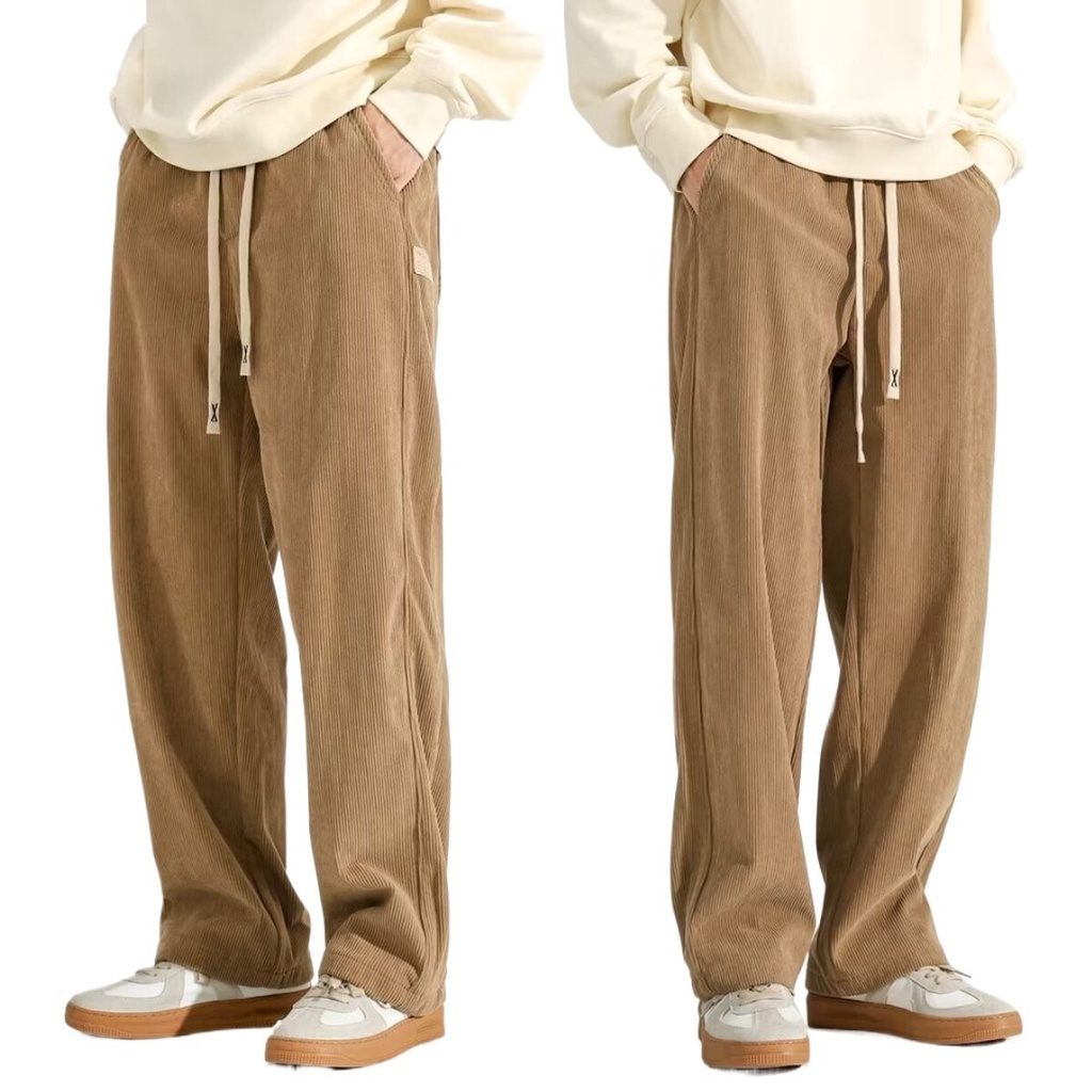 M-3XL ผ้าลูกฟูก ทรงหลวม สีกากี กางเกงผู้ชาย แฟชั่นฤดูร้อน สไตล์เกาหลี กางเกงขายาวผู้ชาย