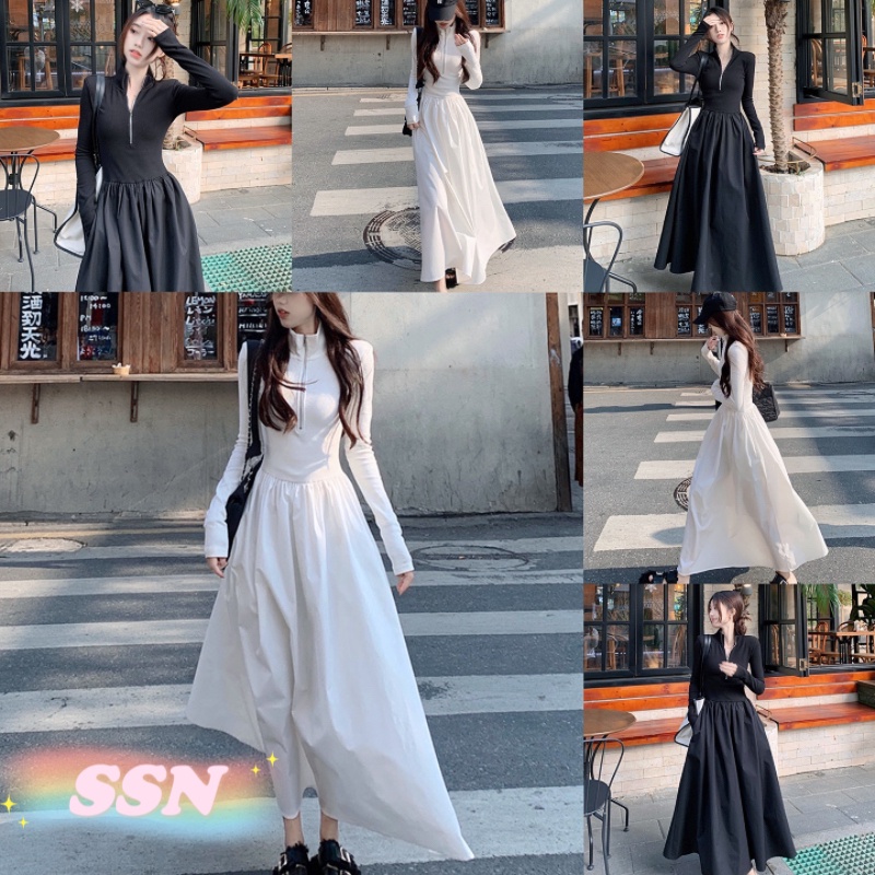 (จัดส่งจากประเทศไทย) ชุดเดรสแขนยาวคอกลม สายรัดเอวของผู้หญิงสีทึบมีซิป