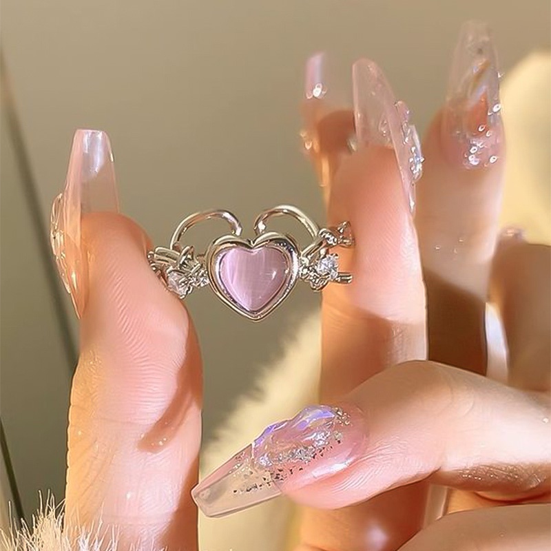 แหวนเพทายแมวตาหินรักสีชมพูอุปกรณ์แฟชั่นเกาหลีสำหรับผู้หญิง.COD