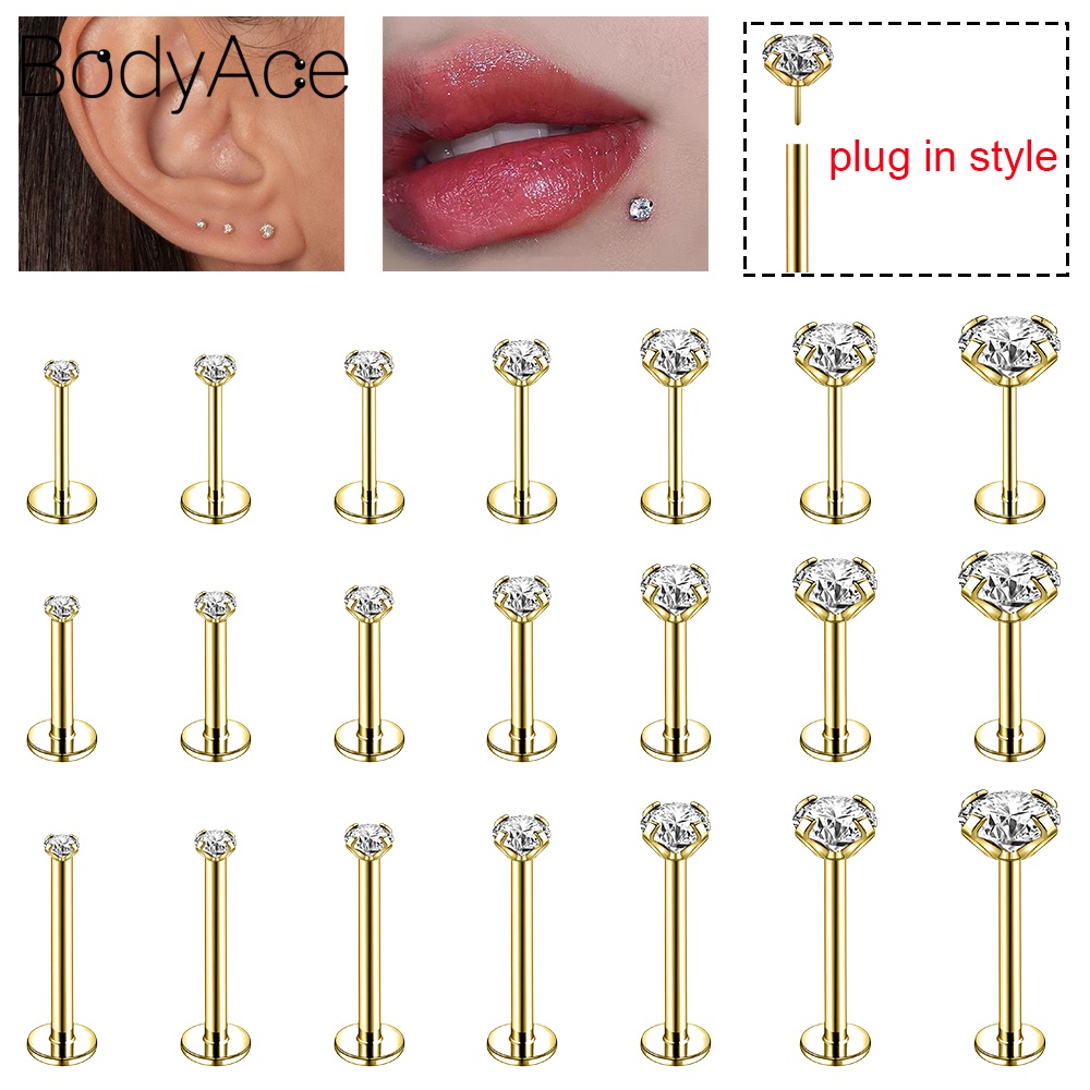 Bodyace 16/18/20G Helix Tragus Ear Stud 1 PC 316L สแตนเลส Labret เจาะ Gold Plug-in Stud ต่างหู 1.5-4 มม.คริสตัล Lip Stud