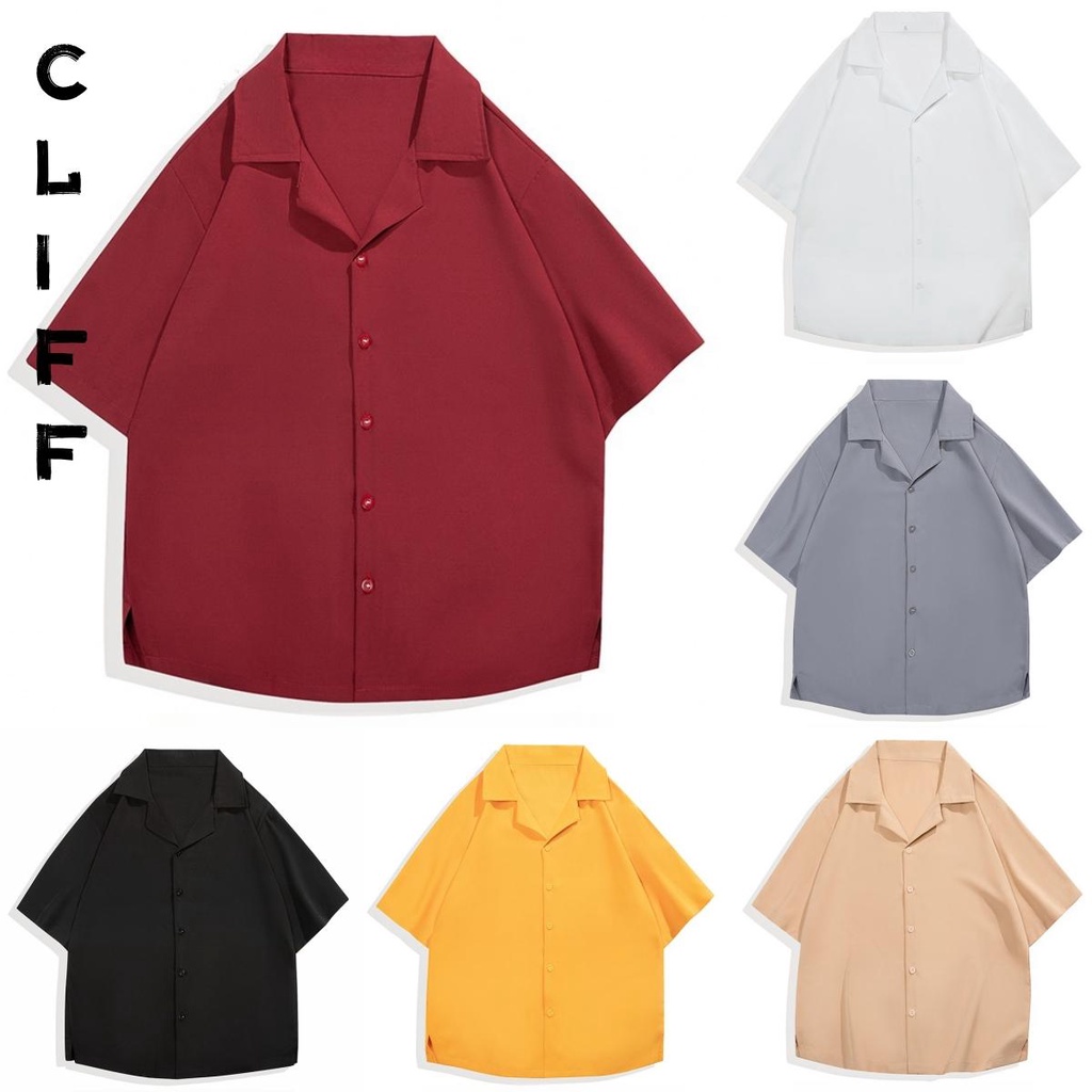 CLIFF สีล้วน เสื้อเชิ้ต คอคิวบา ไม่ต้องรีด เนื้อผ้านุ่ม ใส่สบายระบายอากาศได้ดี Casual V-Neck Plain Black