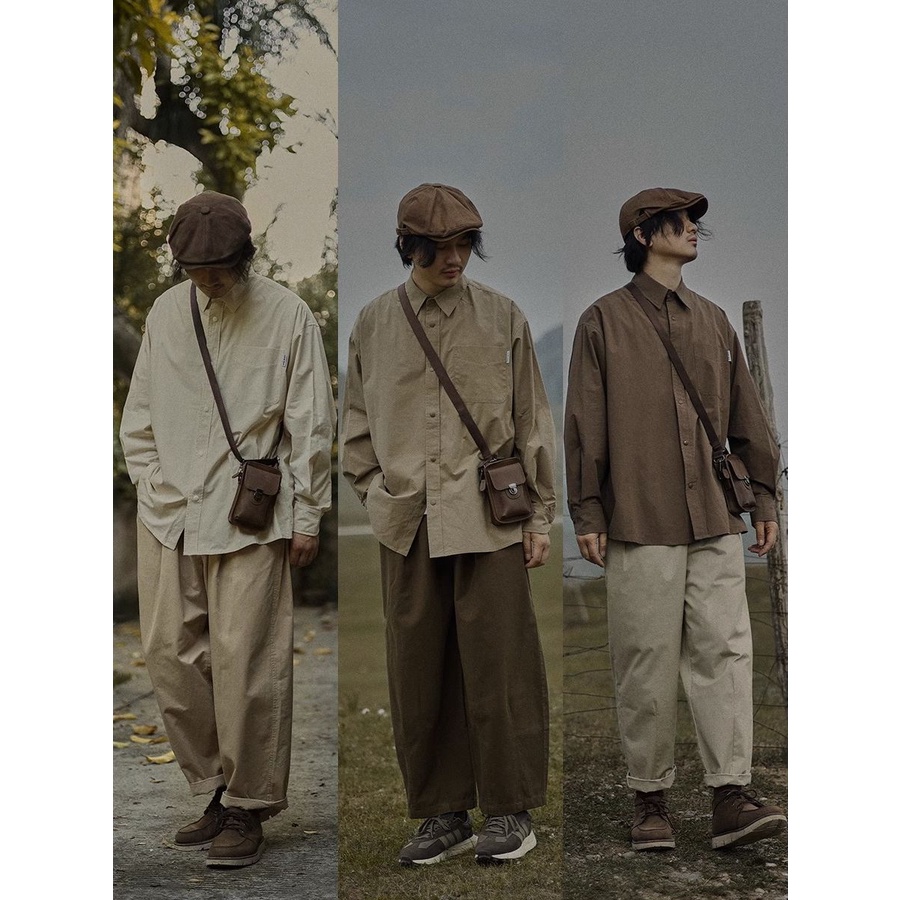 เสื้อเชิ้ตแขนยาวลำลอง ผู้ชาย ทรงหลวมสีทึบ สไตล์ญี่ปุ่น Retro สีเอิร์ธโทน ผ้านิ่มใส่สบาย มีไซส์ใหญ่
