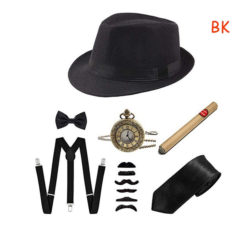 Bk 1920s ชุดเครื่องแต่งกายแกสบี้ สําหรับผู้ชาย ชุดแฟนซี - หมวกปานามา, สายเอี๊ยมด้านหลัง Y ยืดหยุ่น, เนคไทโบว์, นาฬิกาพ็อกเก็ตหนวดปลอม และวินเทจ