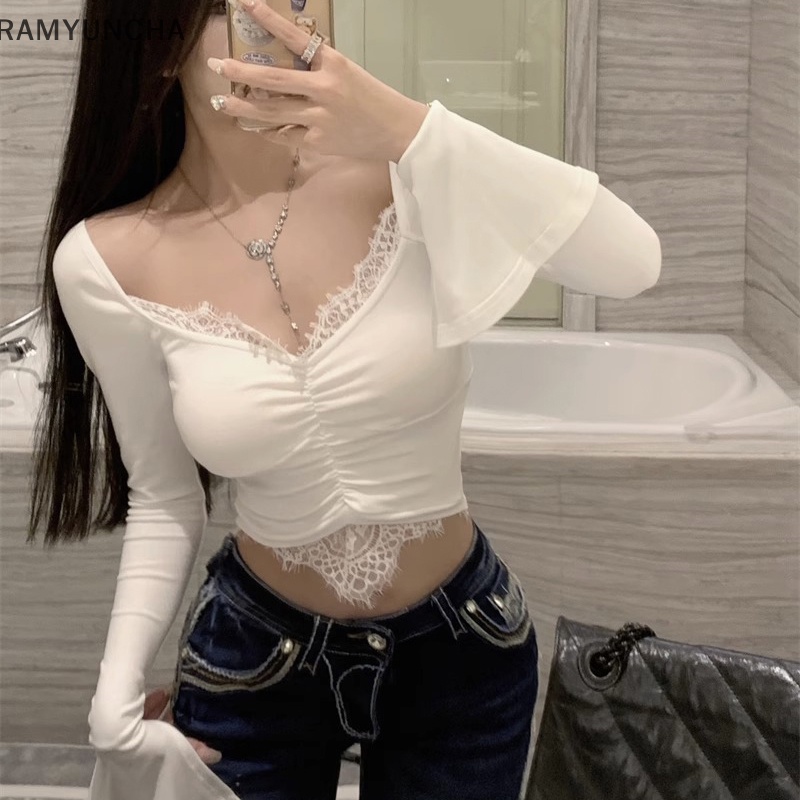 เสื้อครอปท็อปแขนยาว คอวี ผ้าลูกไม้ แบบเข้ารูปเซ็กซี่ แฟชั่นฤดูใบไม้ร่วง สําหรับผู้หญิง