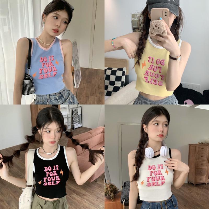 เสื้อกล้ามครอปคอกลม ผ้านุ่มนิ่มใส่สบายสกรีนลายอักษร สีจ้าบๆน่ารักมากก#86061