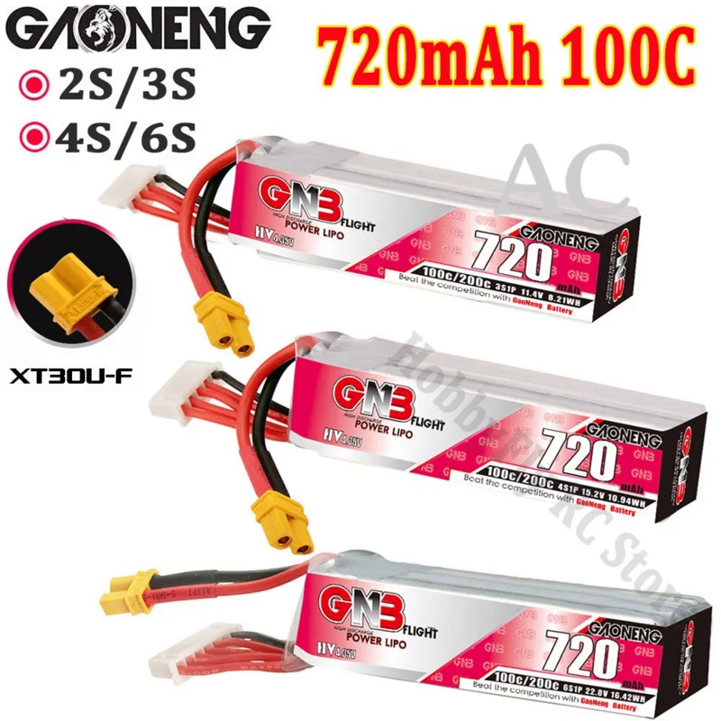 AC Gaoneng GNB 720mAh 2S/3S/4S/6S 100C 7.6V/11.4V/15.2V/22.8V Lipo Battery With XT30U-F Plug for RC 