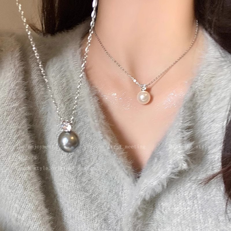สร้อยคอโซ่ จี้เพทาย ประดับมุก สีเทา เรียบง่าย เครื่องประดับ ของขวัญ สําหรับผู้หญิง