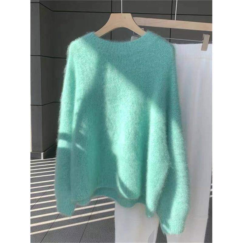 Warm Soft Waxy Milk Huhu Blue Raccoonขนแกะเสื้อกันหนาวผู้หญิง 2023 ฤดูใบไม้ร่วงฤดูหนาวสไตล์ขี้เกียจHigh-Endเสื้อกันหนาวผ้าขนสัตว์ชนิดหนึ่ง