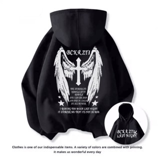 เสื้อกันหนาวแขนยาว มีฮู้ด พิมพ์ลายไม้กางเขน ขนาดใหญ่ แฟชั่นฤ…