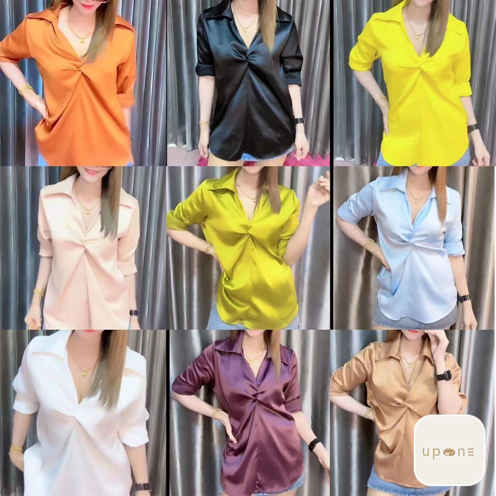 เสื้อเชิ้ตแขนยาว ผ้าซาติน สีพื้น สำหรับผู้หญิง วินเทจ